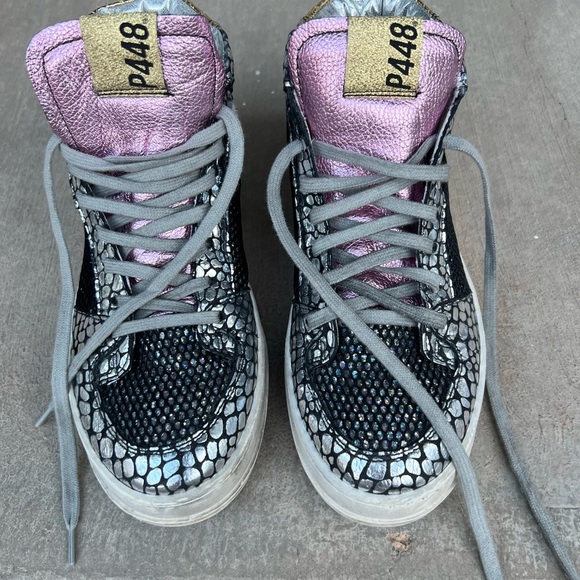 P448 Metallic Pink and Black Snakeskin Sneakers - Picture 1 of 12